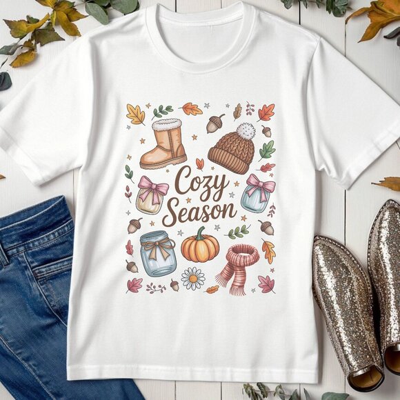 Cozy Season Graphic T-Shirt Fall Collage Pumpkin Season Sweather Weather T-Shirt - Picture 2 of 4